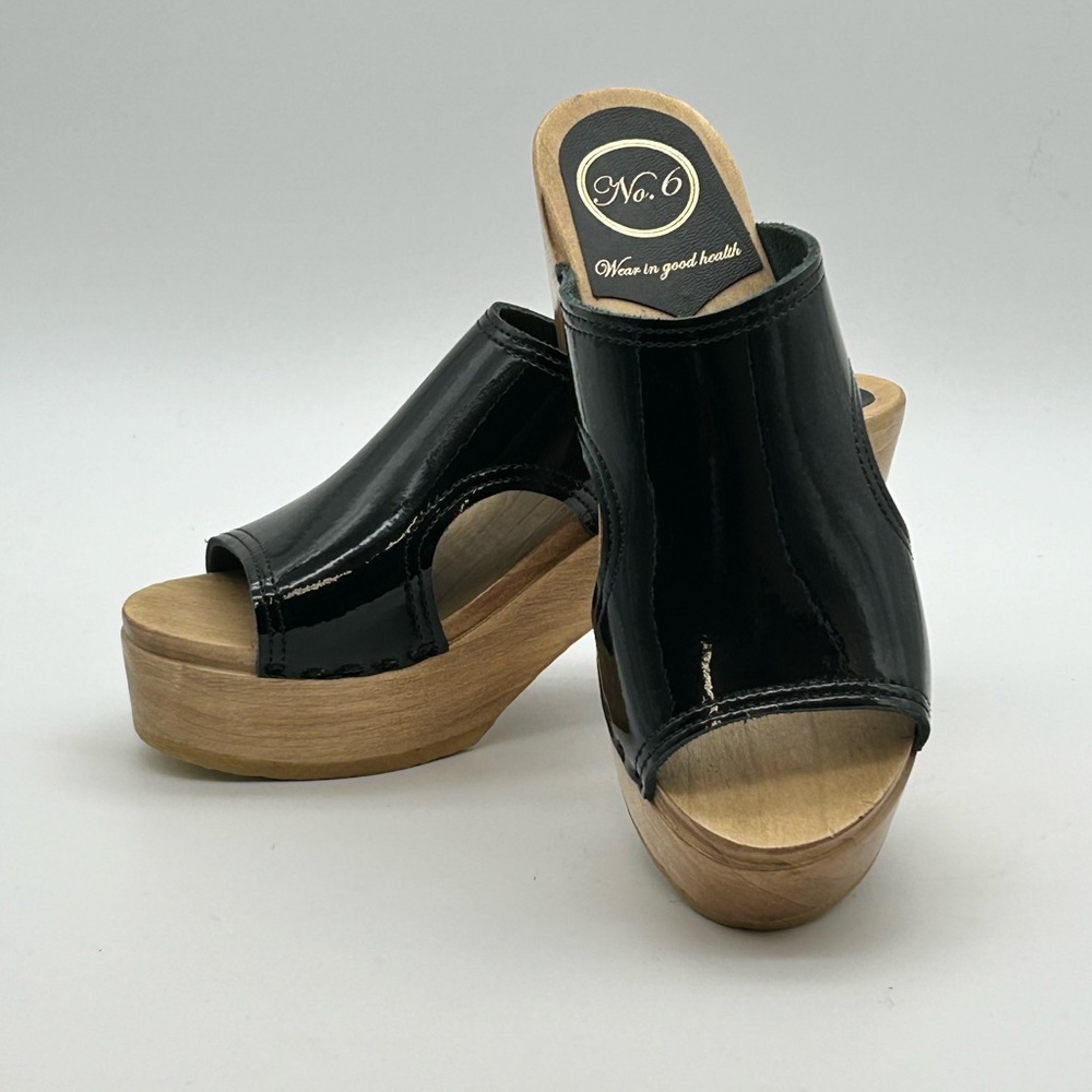 No. 6 Black Patent Leather Platform Clogs with Wood Sole